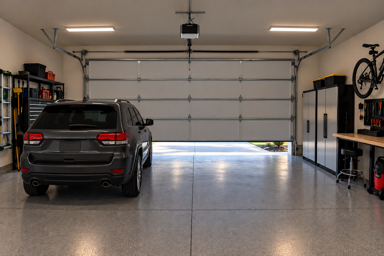Residential garage with the garage door nearly closed