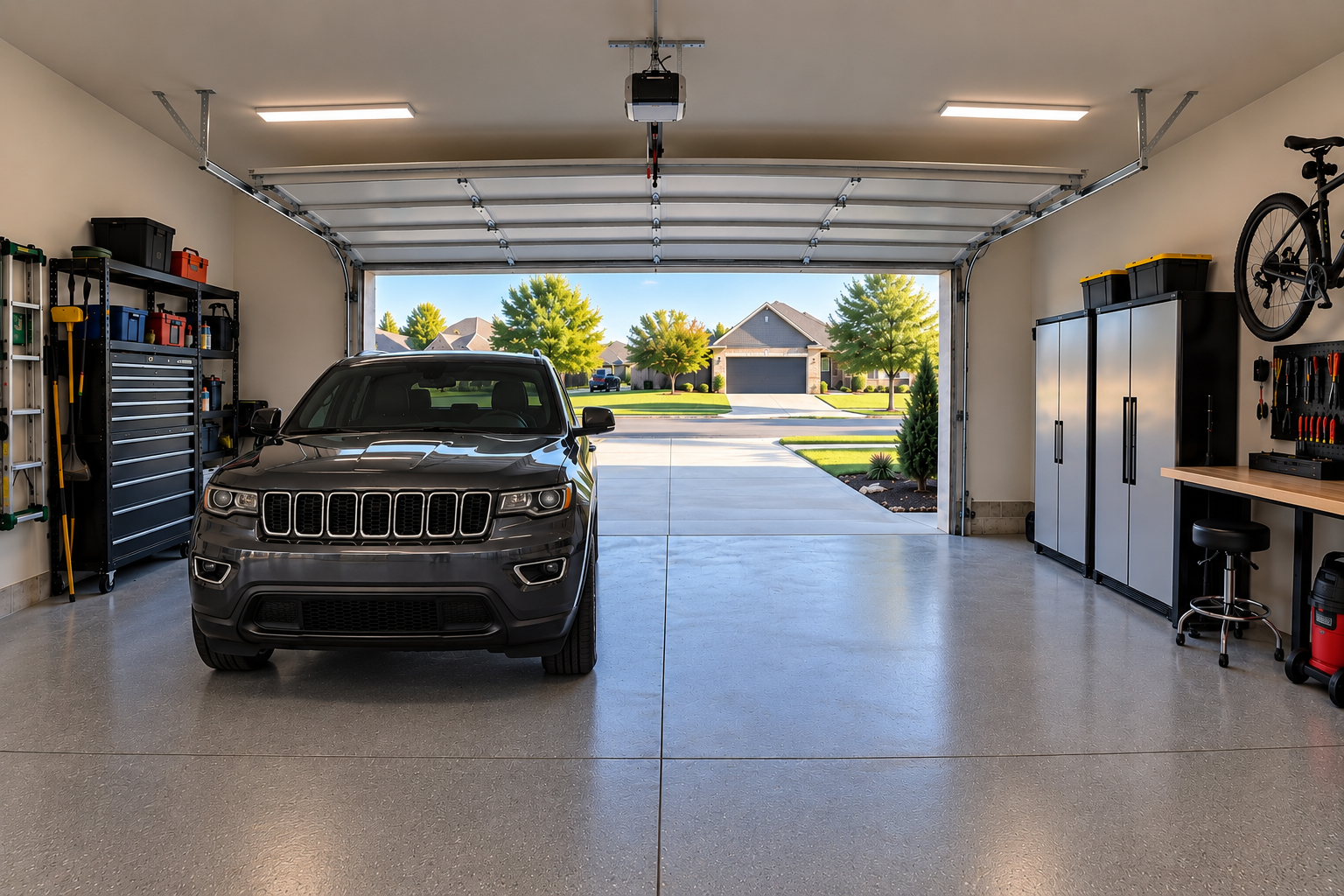 Residential garage with the garage door fully open