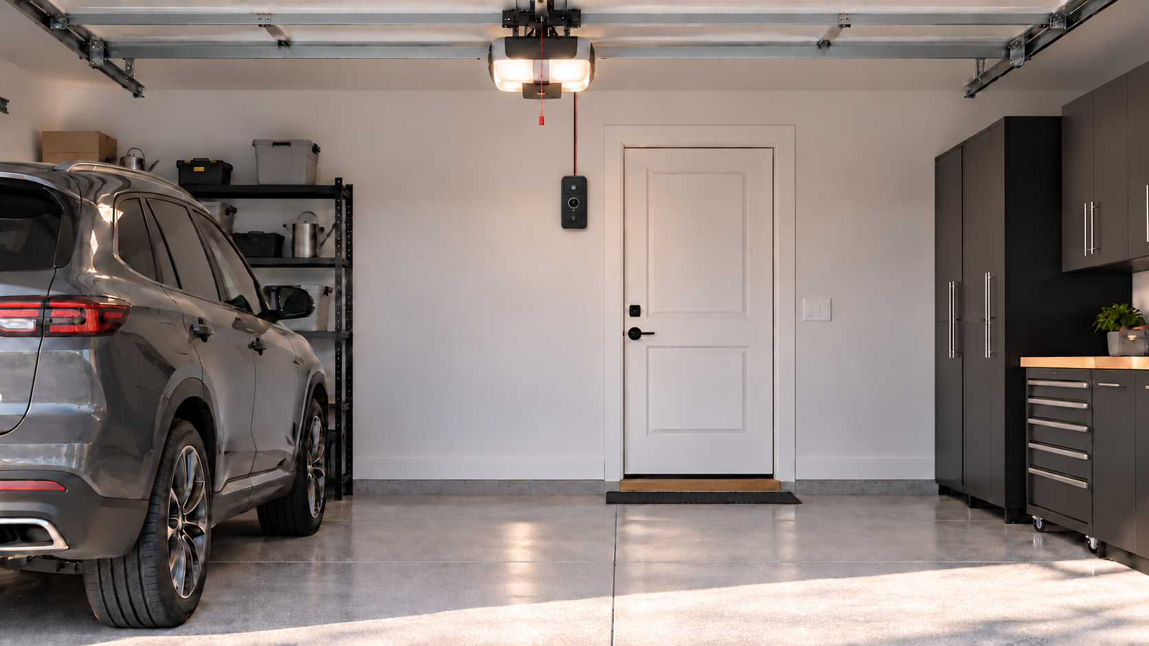 GarageOptic wall controller installed beside the interior entry door of a residential garage