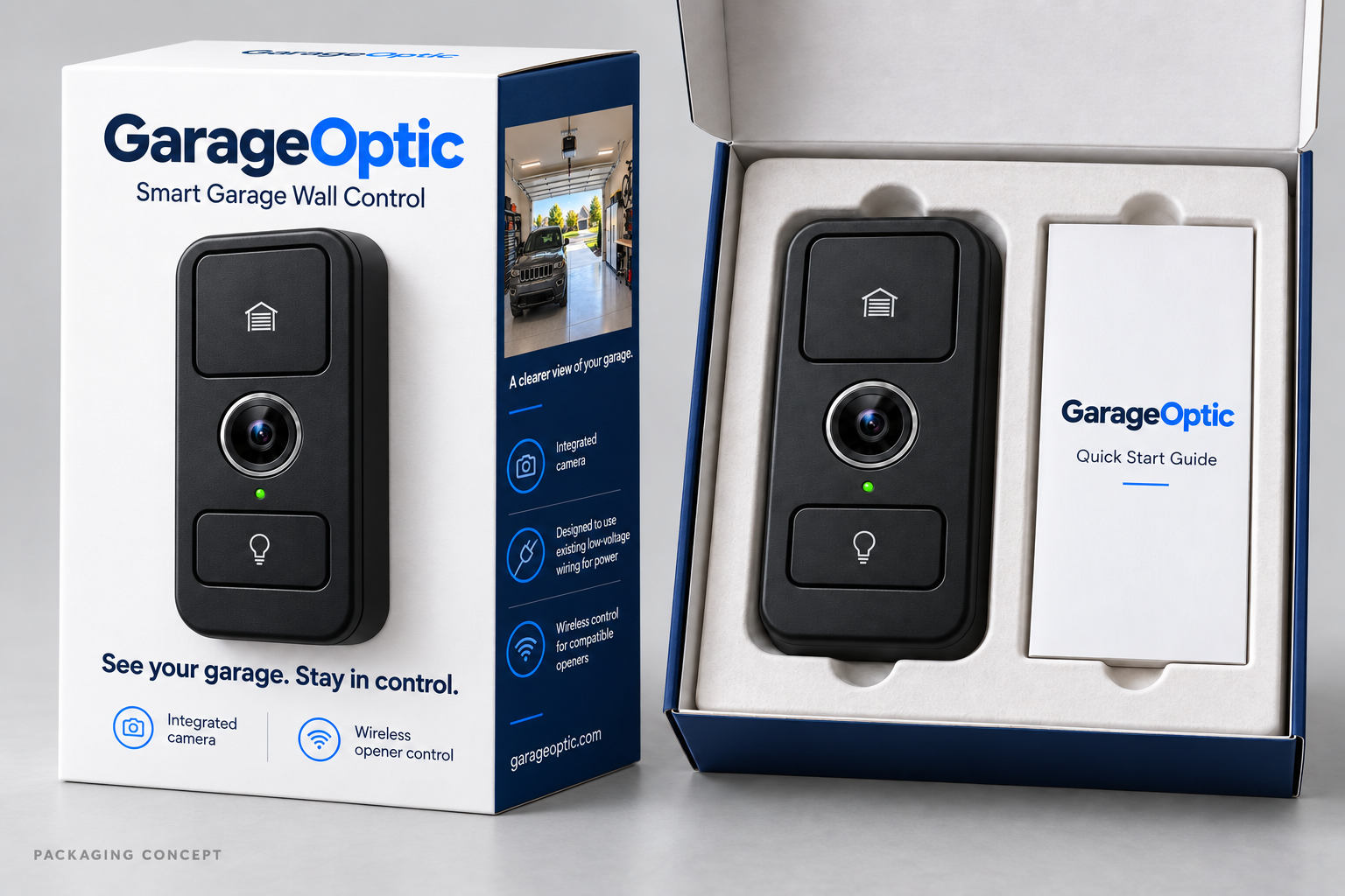 GarageOptic packaging concept with the wall controller and quick start guide